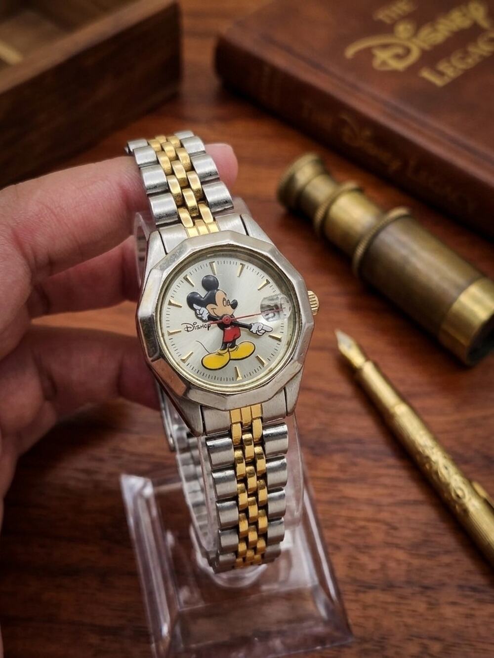 Disney Mickey Mouse Date Wrist Watch 6.75 in Silver Gold Stainless Steel Unisex